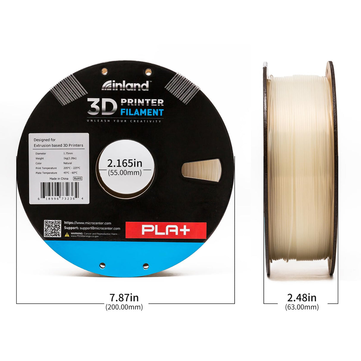 INLAND Micro Center PLA+ 3D Printing Filament 1.75mm - Natural PLA Plus 3D Printer Filament - PLA Pro Dimensional Accuracy +/- 0.03 mm - 1 kg Cardboard Spool (2.2 lbs) INLAND