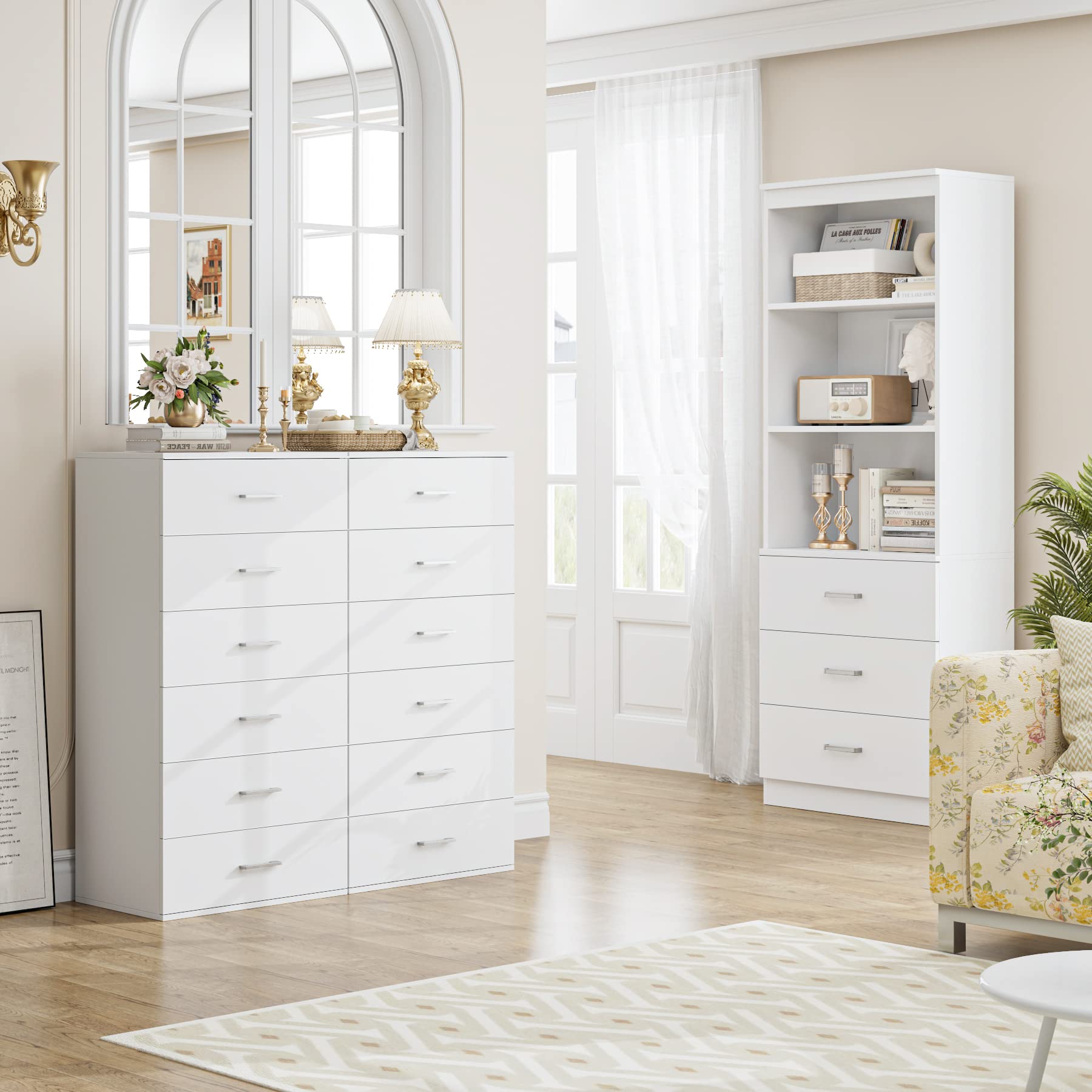 FOTOSOK 71-Inch Tall White Storage Cabinet with 3 Drawers and 3 Open Shelves - WoodArtSupply