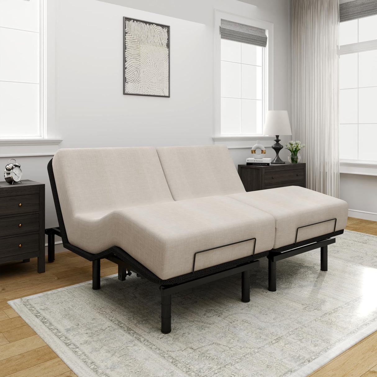 FLEXISPOT Adjustable Bed Frame Base Split King,Segmented Design,Easy Assemble,Oxford Fabric Bedspread,Wired Remote,Whisper Quiet Durable Motor,Mattress Holder. FLEXISPOT