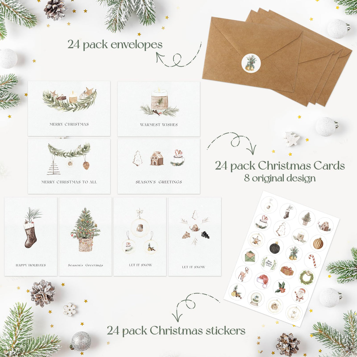 Christmas Cards With Envelopes Set of 24 - Boho Christmas Cards Boxed with Bulk Envelopes and Matching Stickers, 8 Assorted Designs Holiday Cards for Perfect to Send Warm Wishes to Friends Family Miucat
