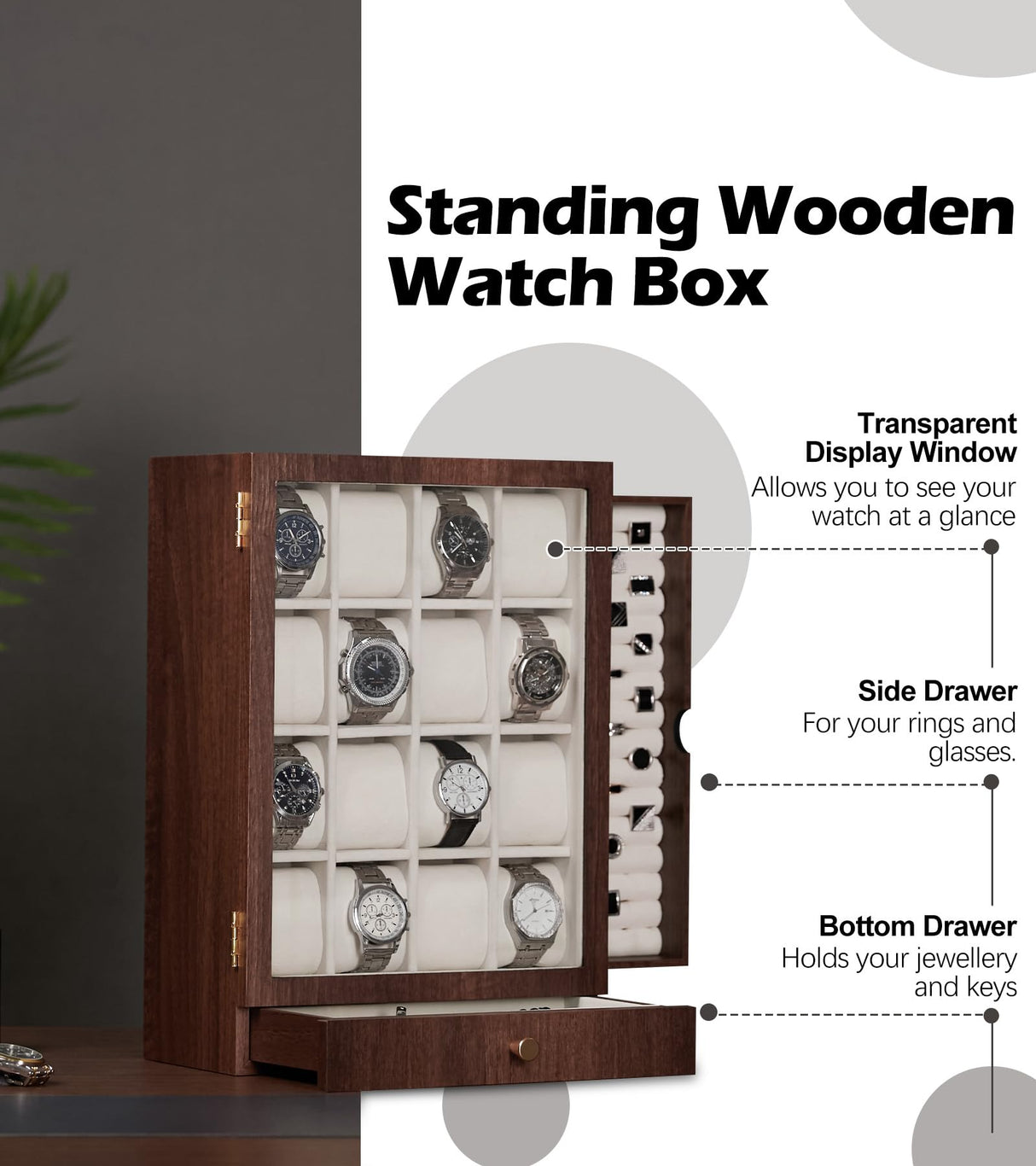 Homde Watch Box Wooden Display: Large Wood Storage for Men's Nightstand - Timeless Home Organizer (L Size) Homde