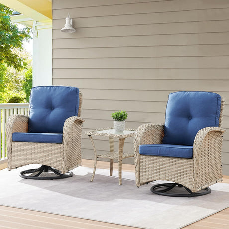 Belord Patio Wicker Chairs Swivel Rocker - Outdoor Swivel Rocking Chairs Set of 2 with Rattan Side Table,3 Piece Patio Swivel Glider Chair Furniture Sets for Patio Porch Pool Light Beige/Blue Belord