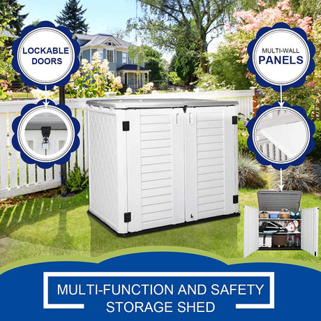 KINYING Outdoor Storage Shed - Horizontal Storage Box Waterproof for Garden, Patios, Backyards, Multi-Opening Door for Easy Storage of Bike, Garbage Cans, Tools, Lawn Mower, Off-White, 26 Cubic Feet KINYING