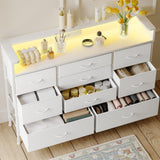 Fixwal White LED Dresser for Bedroom, Dresser with 9 Drawers and Charging Station, Fabric Chest of Drawers with PU Finish, Entryway, Living Room, Hallway Fixwal