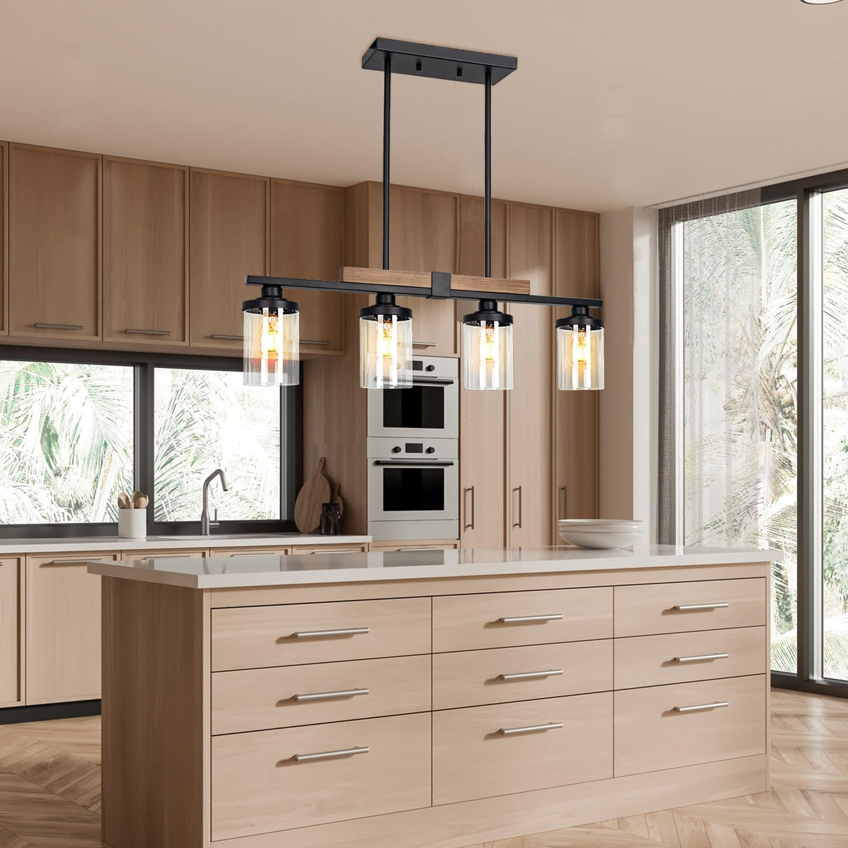 Dining Room Light Fixture Over Table, Farmhouse 4-Light Kitchen Island Lighting, Modern Wood Chandelier with Adjustable Height, Large Industrial Black Pendant Lights Ceiling Hanging for Living Room VenzBlomia