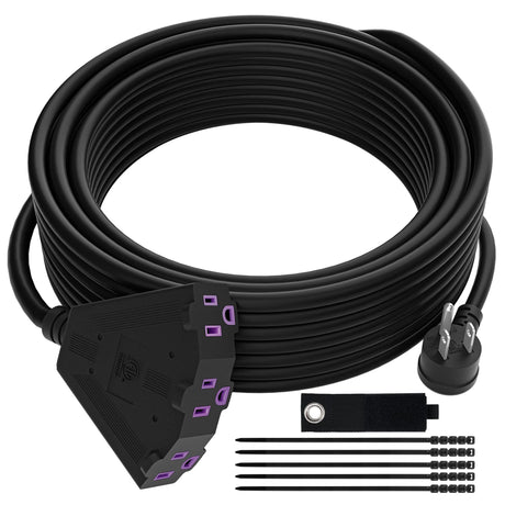 Outdoor Extension Cord 75 FT with 3 Outlets, 3 Prong 90 Degree Angled Plug, 12/3 Heavy Duty 12 Gauge Power Cable, 12AWG, SJTW, 15A, 125V, 1875W, ETL Listed, Black Wire, with Free Carrying Strap+Ties Kxable