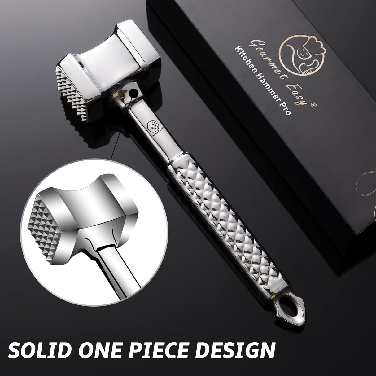 Meat Tenderizer Mallet Stainless Steel, Premium Meat Hammer Tenderizer, Kitchen Meat Mallet for Chicken, Conch, Veal Cutlets, Beef & Steak, Meat Pounder Flattener, Non-Slip Grip with 5 years Warranty Gourmet Easy