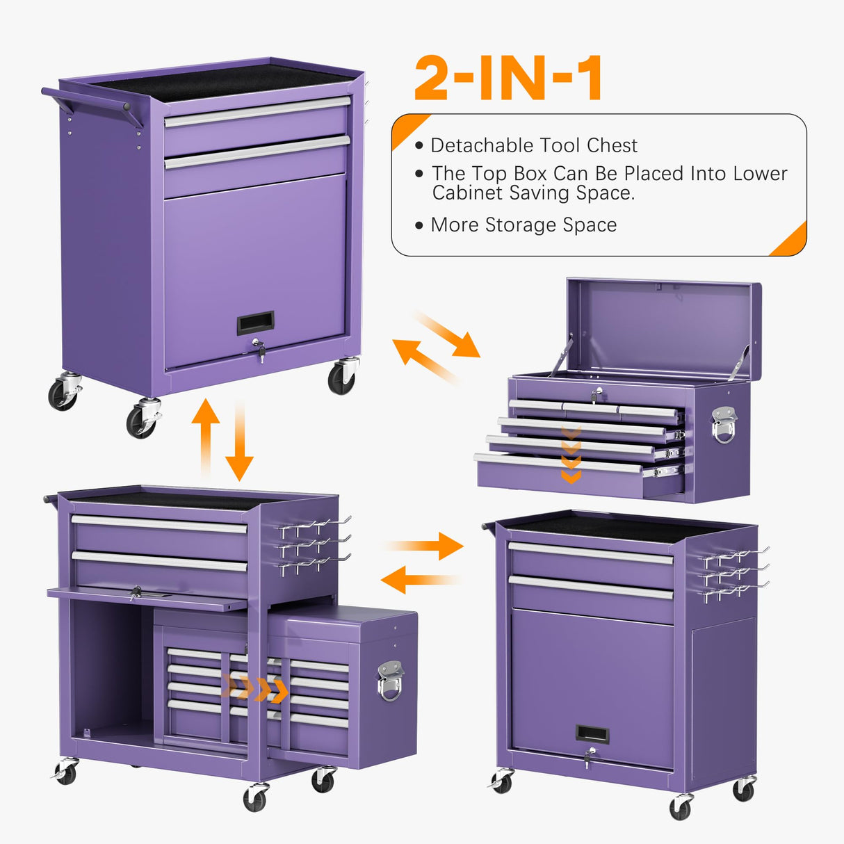 INTERGREAT Purple Tool Chest, 5-Drawer Rolling Tool Storage Cabinet with Detachable Top Tool Box, Tool Chest with Universal Lockable Wheels, Metal Tool Cart for Garage, Workshop, Barbershop INTERGREAT