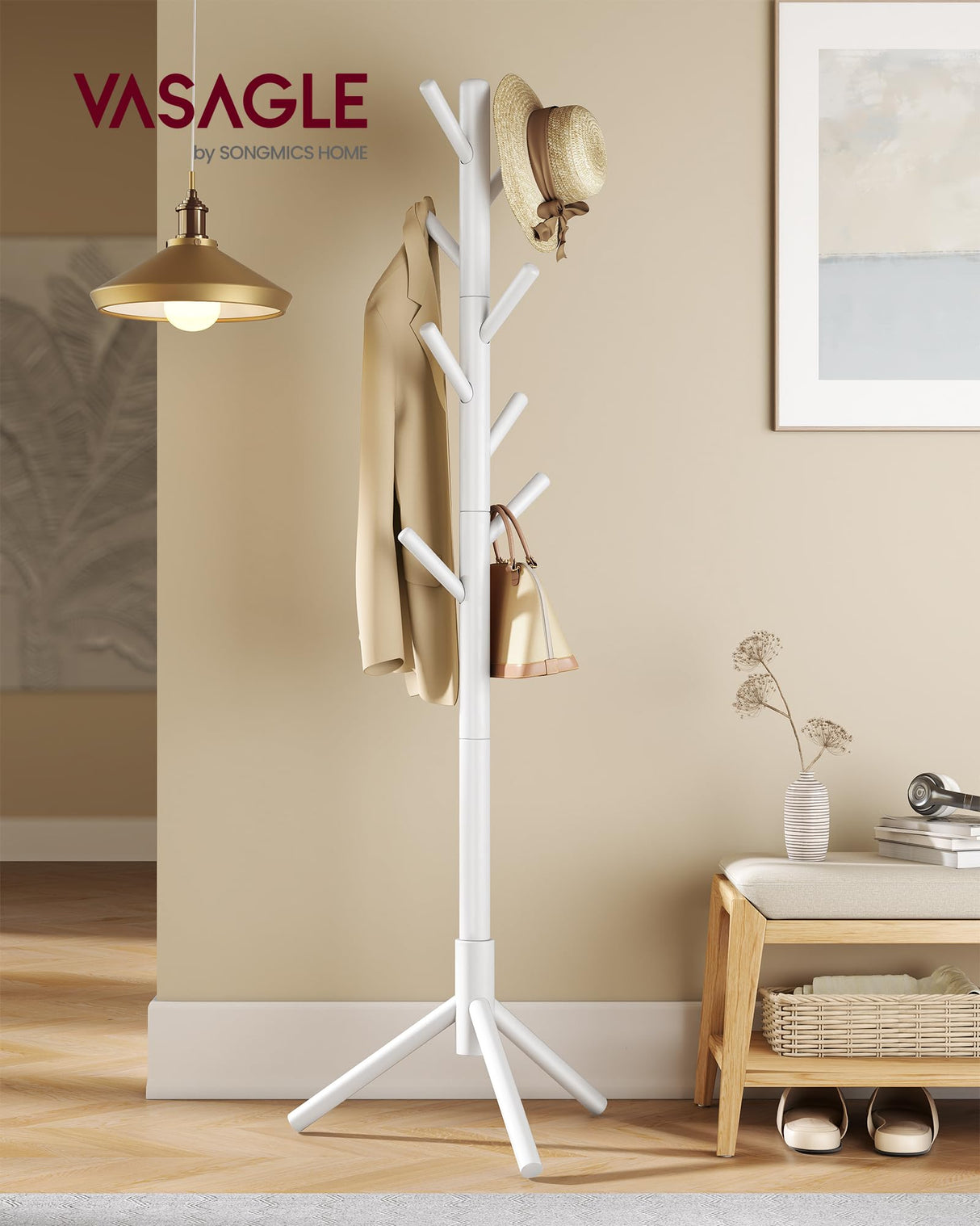 VASAGLE Solid Wood Coat Rack, Free Standing Tree-Shaped Coat Rack with 8 Hooks, 3 Height Options, for Clothes, Hats, Bags, Living Room, Bedroom, Home Office, White URCR04WT VASAGLE