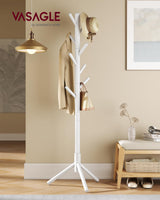 VASAGLE Solid Wood Coat Rack, Free Standing Tree-Shaped Coat Rack with 8 Hooks, 3 Height Options, for Clothes, Hats, Bags, Living Room, Bedroom, Home Office, White URCR04WT VASAGLE