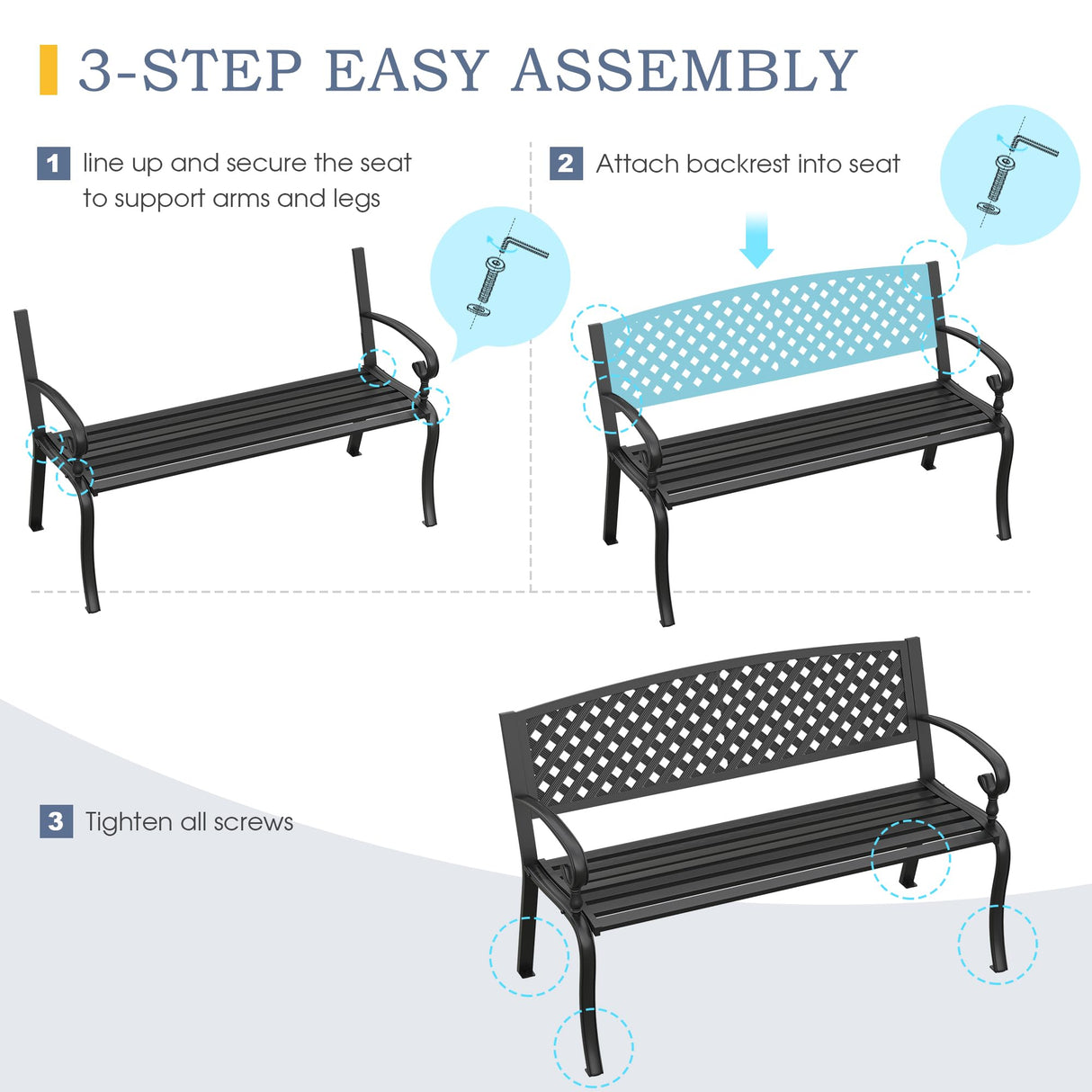 VICLLAX Outdoor Garden Bench, 50” Long Metal Patio Bench with Backrest and Armrests, Modern Slatted Black Park Bench for Front Porch, Lawn, Yard, Garden, Crossed Rhombic Back VICLLAX