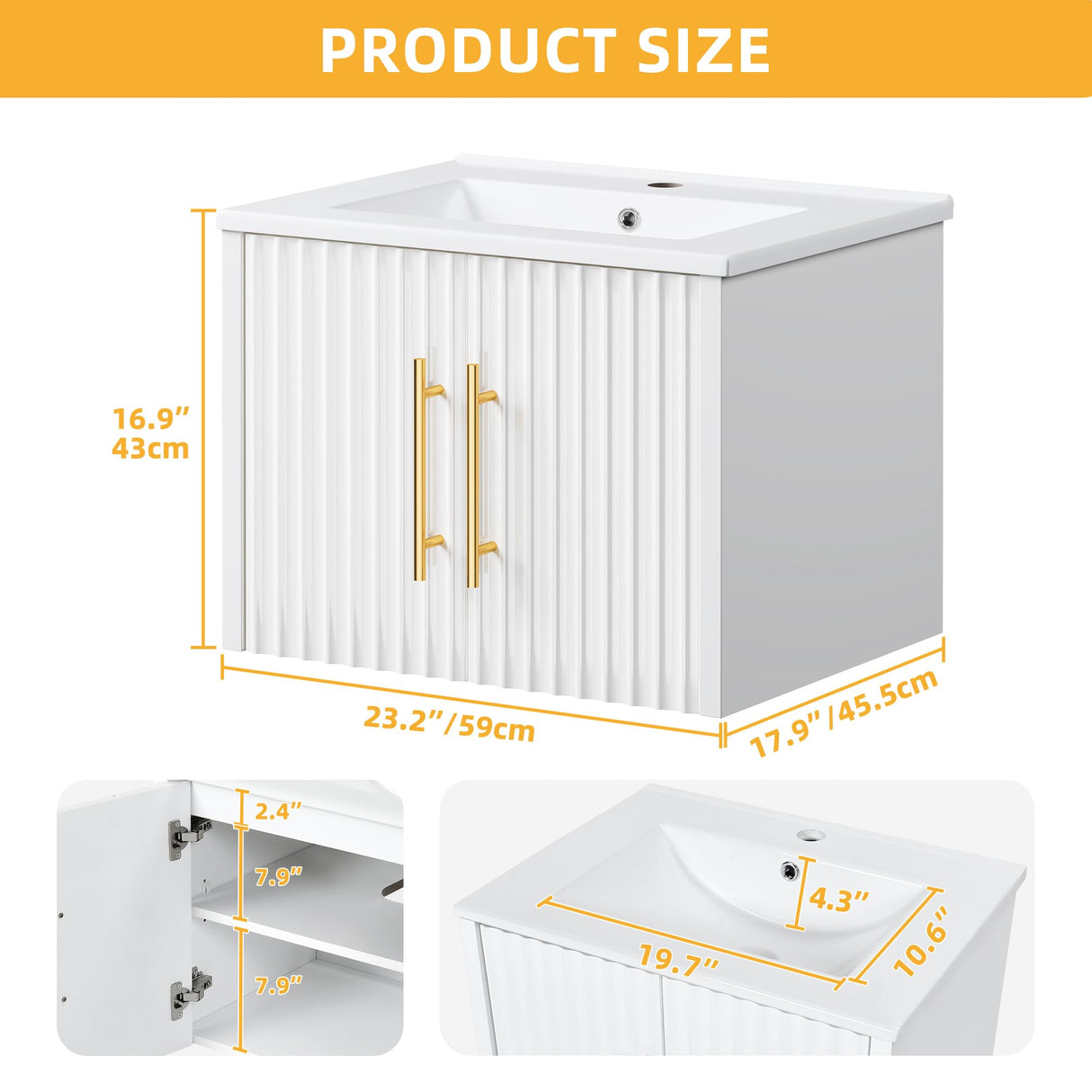 DWVO 24" Small Bathroom Vanity with Sink Combo Set, Wall Mounted Cabinet with Ceramic Sink, Modern Floating Bathroom Cabinet, Double Soft-Close Doors, White DWVO