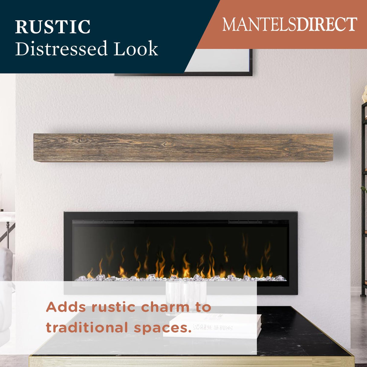 MANTELSDIRECT Vail Fireplace Mantel Shelf - 72 Inch Wide x 6 Inch Tall - Driftwood Finish, Rustic, Distressed, Wall Mounted Shelf | Handcrafted & Milled in The USA MANTELSDIRECT