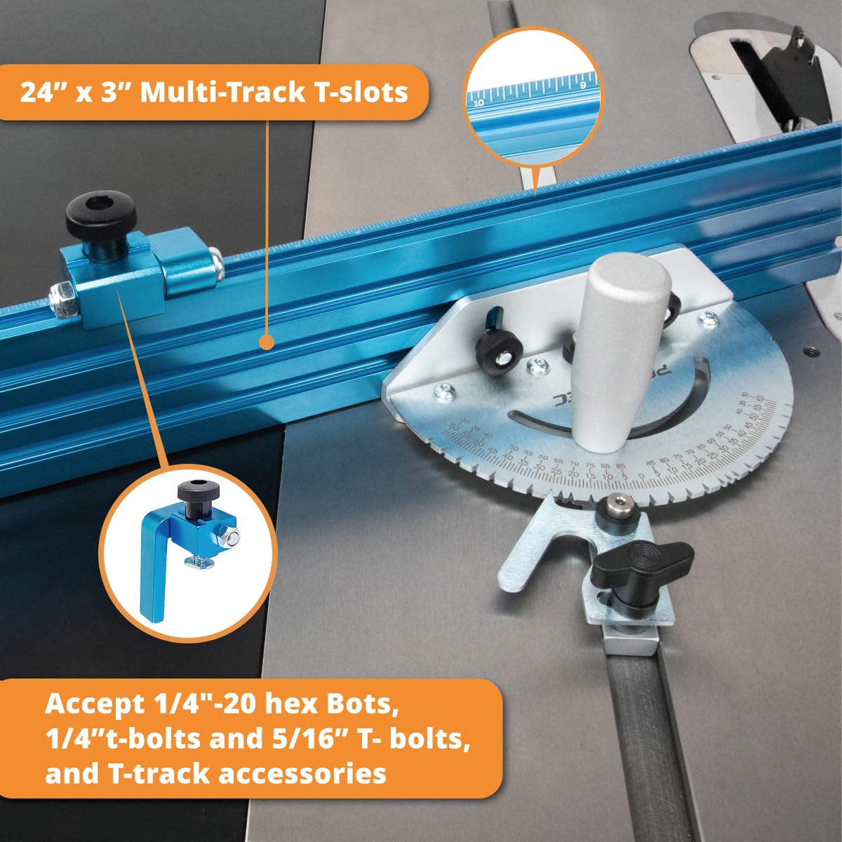 POWERTEC Precision Table Saw Miter Gauge System w/ 27 Angle Stops and 3/4" x 3/8" T-Slotted Miter Bar w/Removable T-Slot Plate, Includes 24" x 3" Multi T–Track Fence w/Scale, T-track Flip Stop, 71391V POWERTEC