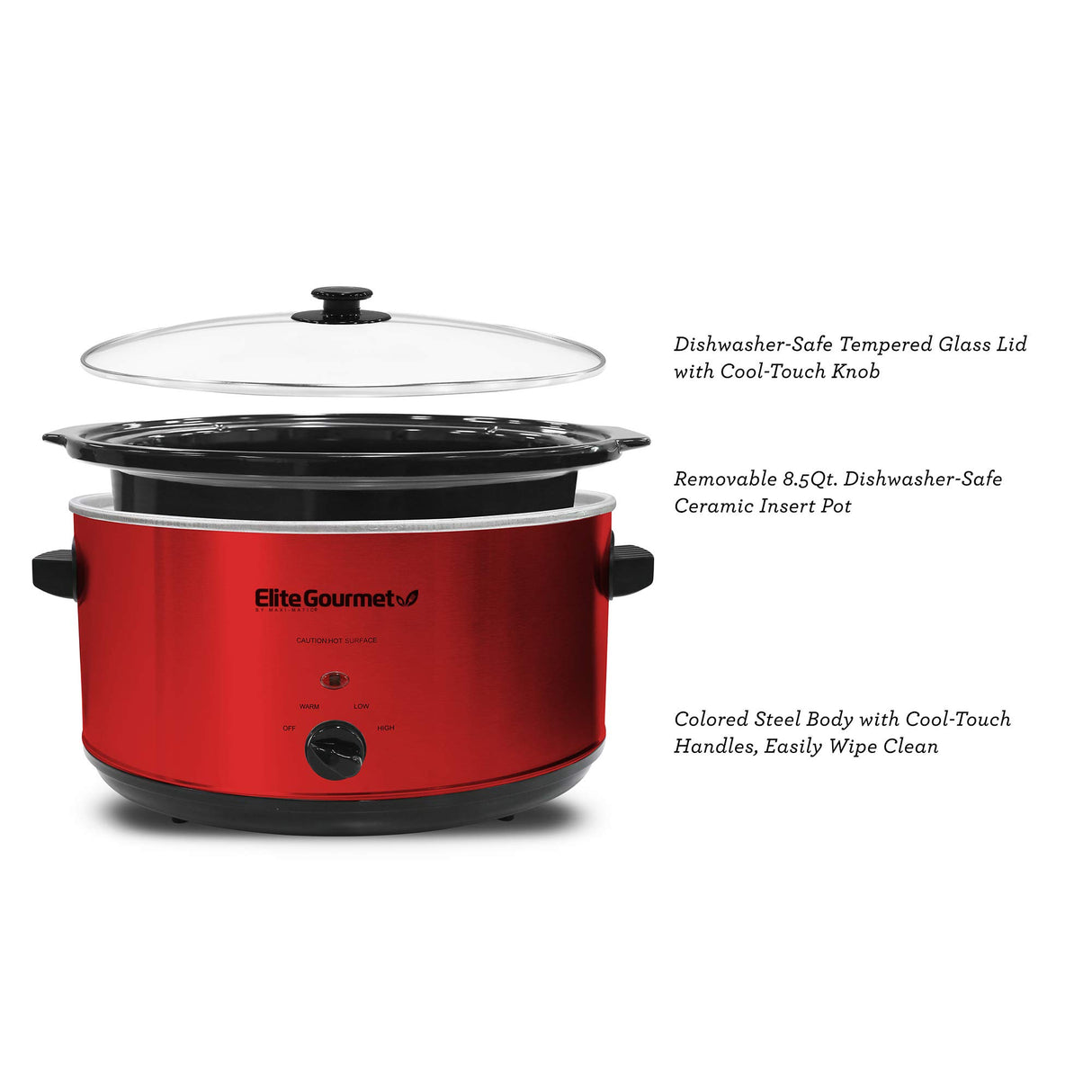 Elite Gourmet MST-900RXT# Electric Ceramic XL Jumbo Slow Cooker, Adjustable Temp, Entrees, Sauces, Stews & Dips, Dishwasher Safe Glass Lid & Crock, 8.5Qt, MetallicRed Elite Gourmet