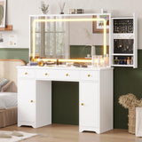 Hasuit Makeup Vanity Desk with Large Mirror and LED Lights, Vanity Table with Sliding Jewelry Cabinet and Power Outlets, Vanity with Storage Cabinets & Drawers, 3 Lighting Modes Brightness Adjustable Hasuit