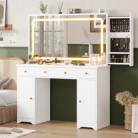 Hasuit Makeup Vanity Desk with Large Mirror and LED Lights, Vanity Table with Sliding Jewelry Cabinet and Power Outlets, Vanity with Storage Cabinets & Drawers, 3 Lighting Modes Brightness Adjustable Hasuit