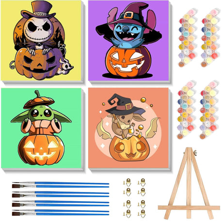 4 Pack Halloween Cartoon Paint by Numbers for Kids with Framed Canvas-with Wooden Easel, Pumpkin Paint by Number for Kids Ages 4-8-12, DIY Easy Acrylic Oil Painting Kits for Home Wall Decor (8X8inch) KOJEFCV