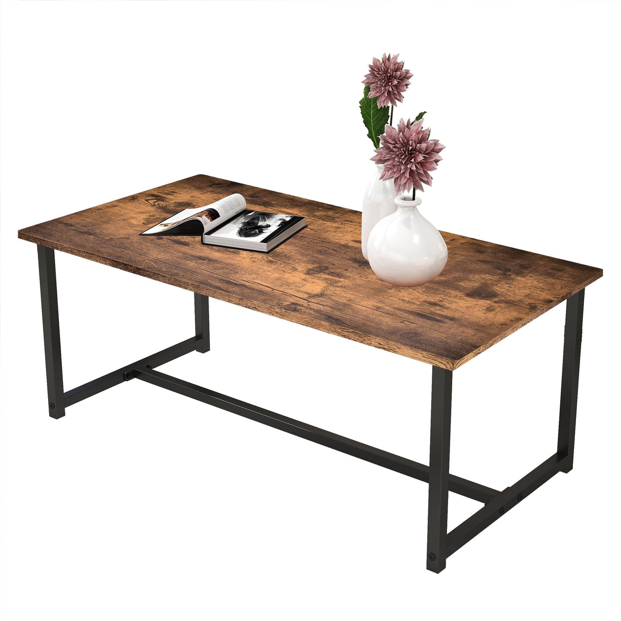 VERFARM 35.4" Rectangular Coffee Table for Living Room, Modern Industrial Style Coffee Table Center Table with Metal Frame for Small Space, Apartment, Office, Easy Assembly, Brown VERFARM