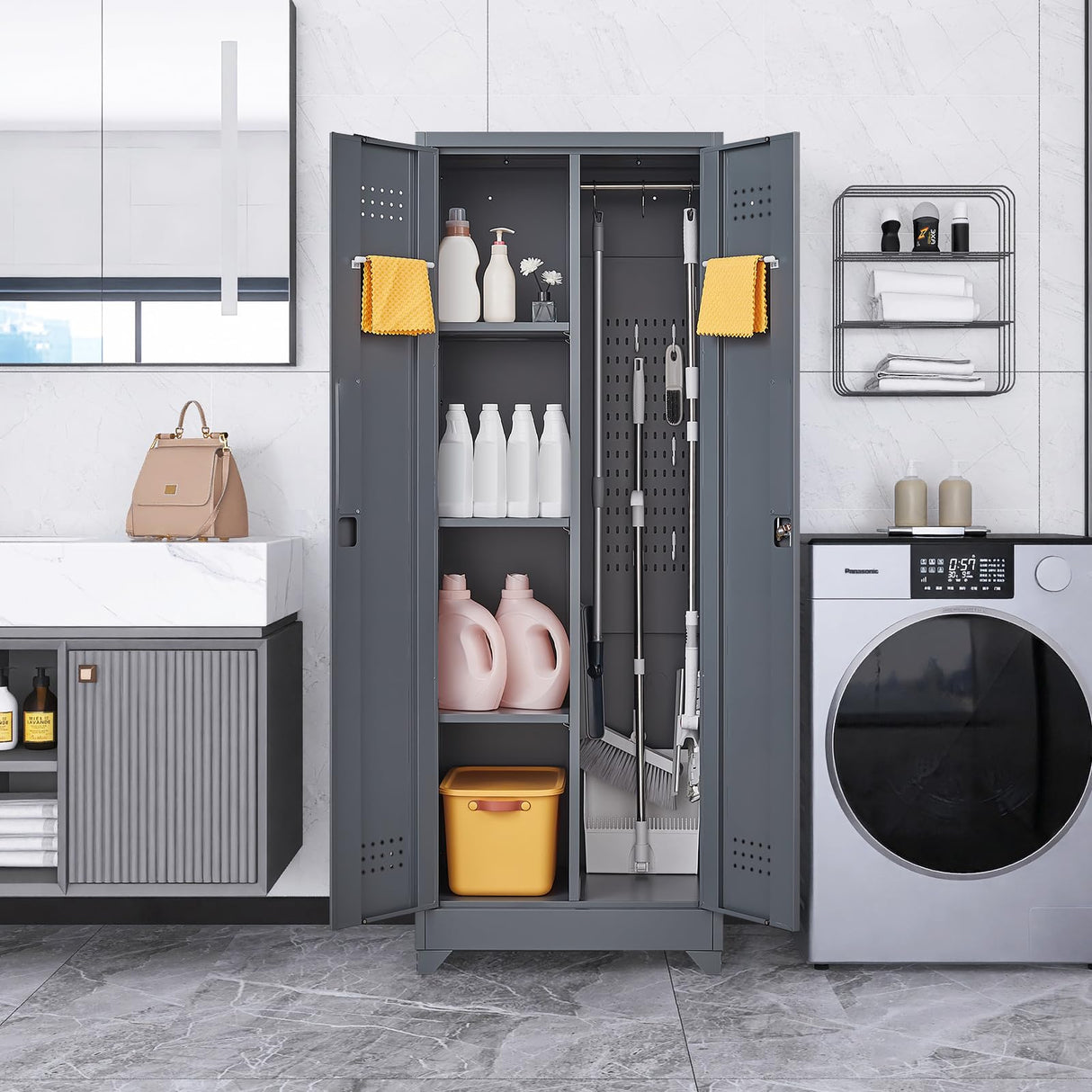 IRONFFICE Storage Cabinet with Lock,Metal Cabinets with Doors and Shelves,Functional Garage Storage Cabinet for Garage Home Office,Gray IRONFFICE