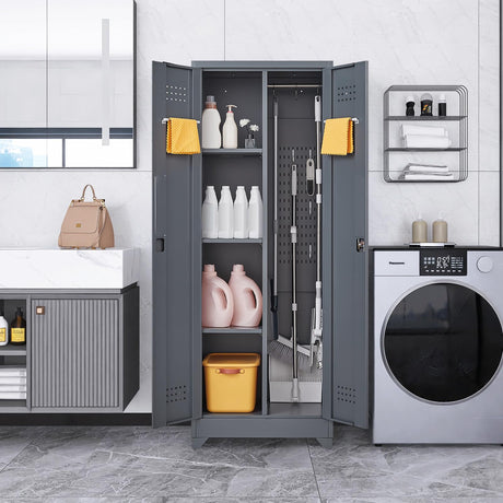 IRONFFICE Storage Cabinet with Lock,Metal Cabinets with Doors and Shelves,Functional Garage Storage Cabinet for Garage Home Office,Gray IRONFFICE