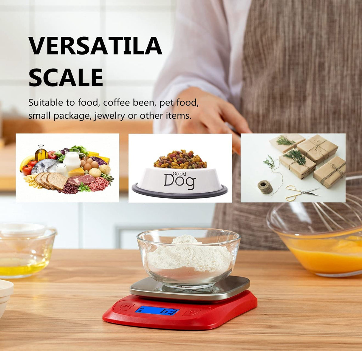 NUTRI FIT Ultra Slim Food Scale Digital Kitchen 1g Increment Measure in lb oz ml High Precision Weight in Grams and oz for Coffee Making, Meal Prep - Red/Stainless Steel NUTRI FIT