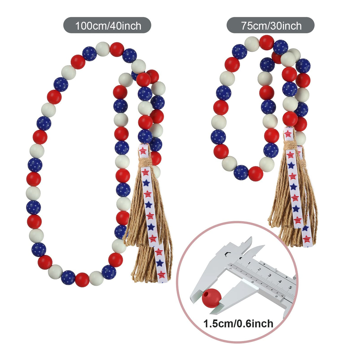 Patriotic Wood Bead Garland,YuanDe 2pcs 4th of July American Wooden Beads String Jute Rope Tassel,Farmhouse Rustic Hanging Bead Garland for Memorial Independence Day Vase Tiered Tray Wall Decor Gift YuanDe