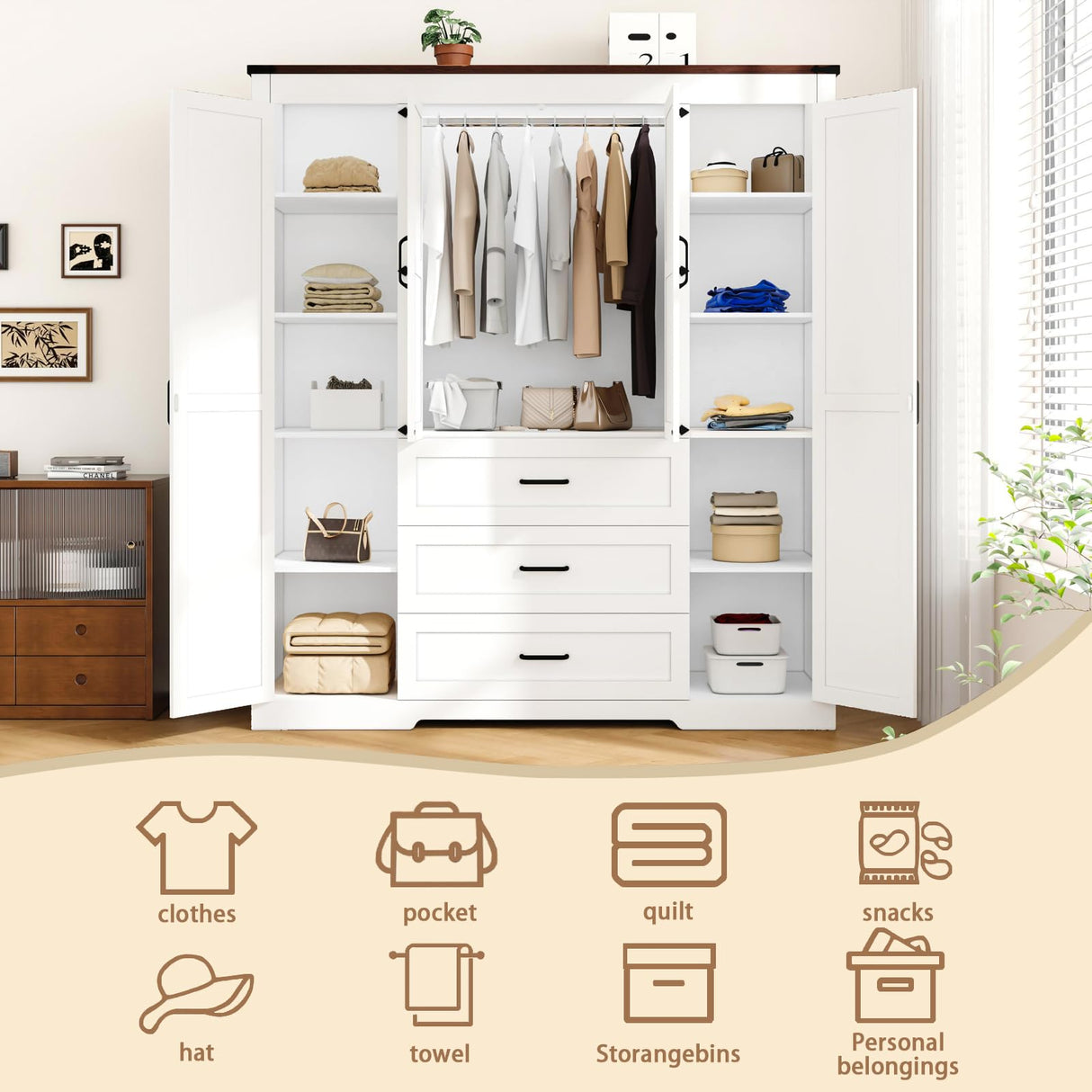 CayugaCrekrd 70" Tall Armoire Wardrobe Closet with 4 Doors & 3 Drawers, Farmhouse Bedroom Storage Cabinet with Hanging Rod, Freestanding Wooden Armoire Wardrobe Closet, White CayugaCrekrd