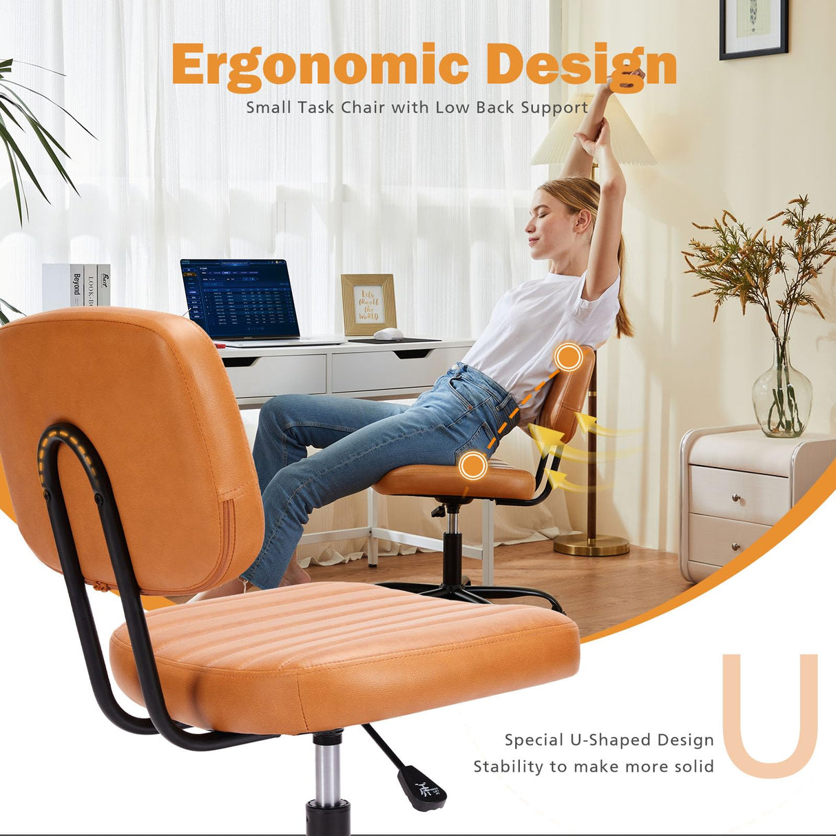 Sweetcrispy Small Office Desk Chair with Wheels Armless Comfy Computer Chair with Lumbar Support, PU Leather Low Back Adjustable Height 360° Rolling Swivel Task Chair Without Arm for Home, Bedroom Sweetcrispy