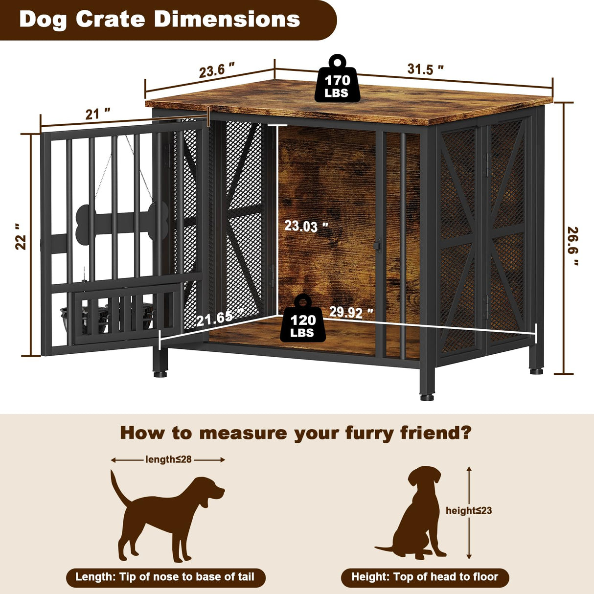 Easycom Dog Crate Furniture, 31.5" Assembly-Free Dog Crates for Small & Medium Dogs, Foldable Dog Kennel Indoor with Tag & Adjustable Dog Bowls, Wooden Dog Cage Use as End Table, Rustic Brown EasyCom
