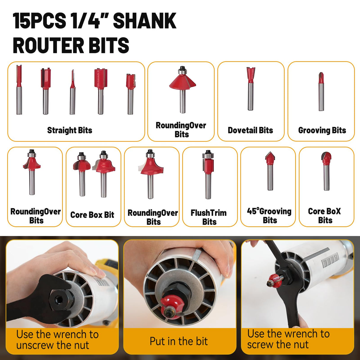 SYWAN Cordless Power Router for DeWalt 20V Battery (Bare Tool), Brushless Trim Router with 15PCS 1/4" Bits, 6 Variable Speeds Router Tool for Woodworking, 800W 10000-30000min/r SYWAN