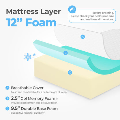 NEO SLEEP 12 Inch Twin Medium Firm Cooling Gel Memory Foam Mattress for Cool Sleep Pressure Relieving CertiPUR-US Certified Mattress in a Box Fiberglass Free (Twin, 12 in)