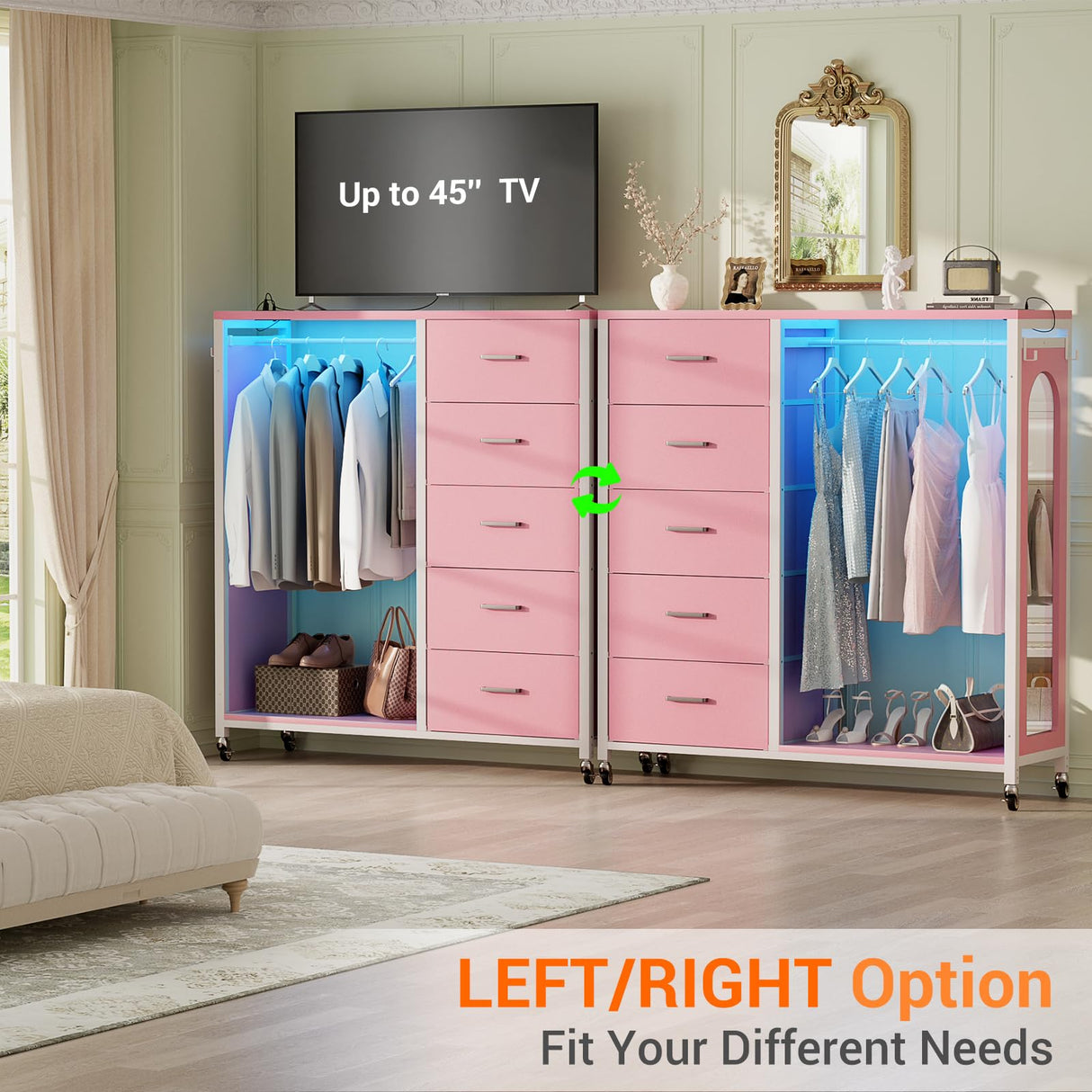 Cyclysio Dresser for Bedroom with Clothes Rack & Mirror, Pink 5 Drawers Dresser with Charging Station & LED Lights, Rolling Chest of Drawers with Wheels, Full Length Mirror, Wooden Top,Bedroom,Closet Cyclysio