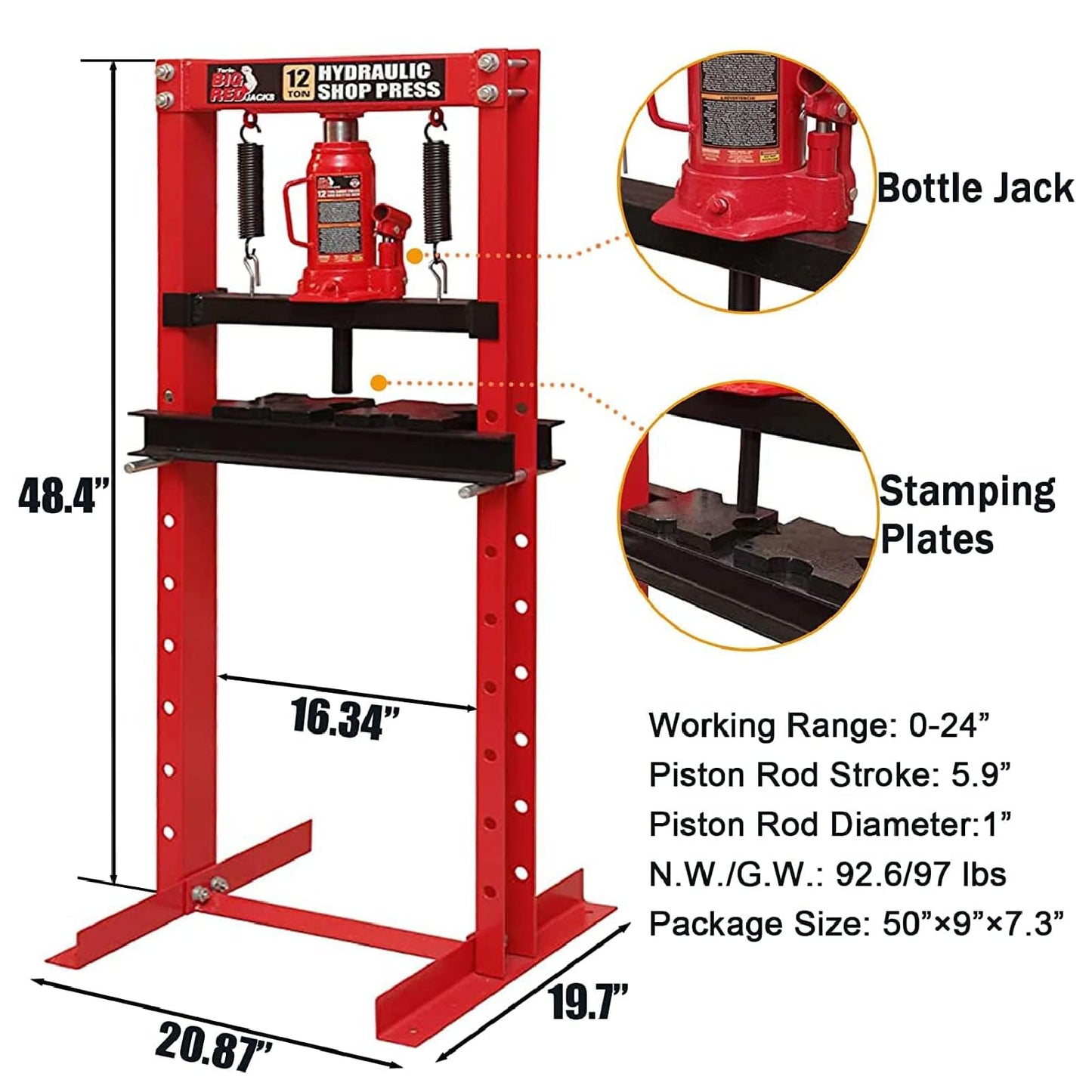 BIG RED TAM51201 Torin Steel H-Frame Hydraulic Shop Press with Stamping Plates to Bend, Straighten, or Press Parts, Install Bearings and U-Joints, 12 Ton (24,000 lb) Capacity, Red - WoodArtSupply