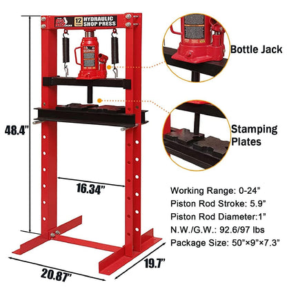 BIG RED TAM51201 Torin Steel H-Frame Hydraulic Shop Press with Stamping Plates to Bend, Straighten, or Press Parts, Install Bearings and U-Joints, 12 Ton (24,000 lb) Capacity, Red - WoodArtSupply