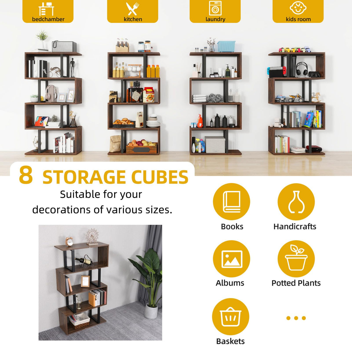 DWVO Geometric Bookshelf, 5-Tier Bookshelf S-Shaped Bookshelves, Industrial Geometric Bookcase Freestanding Multifunctional Storage Shelving for Living Room Home Office, Retro Brown DWVO