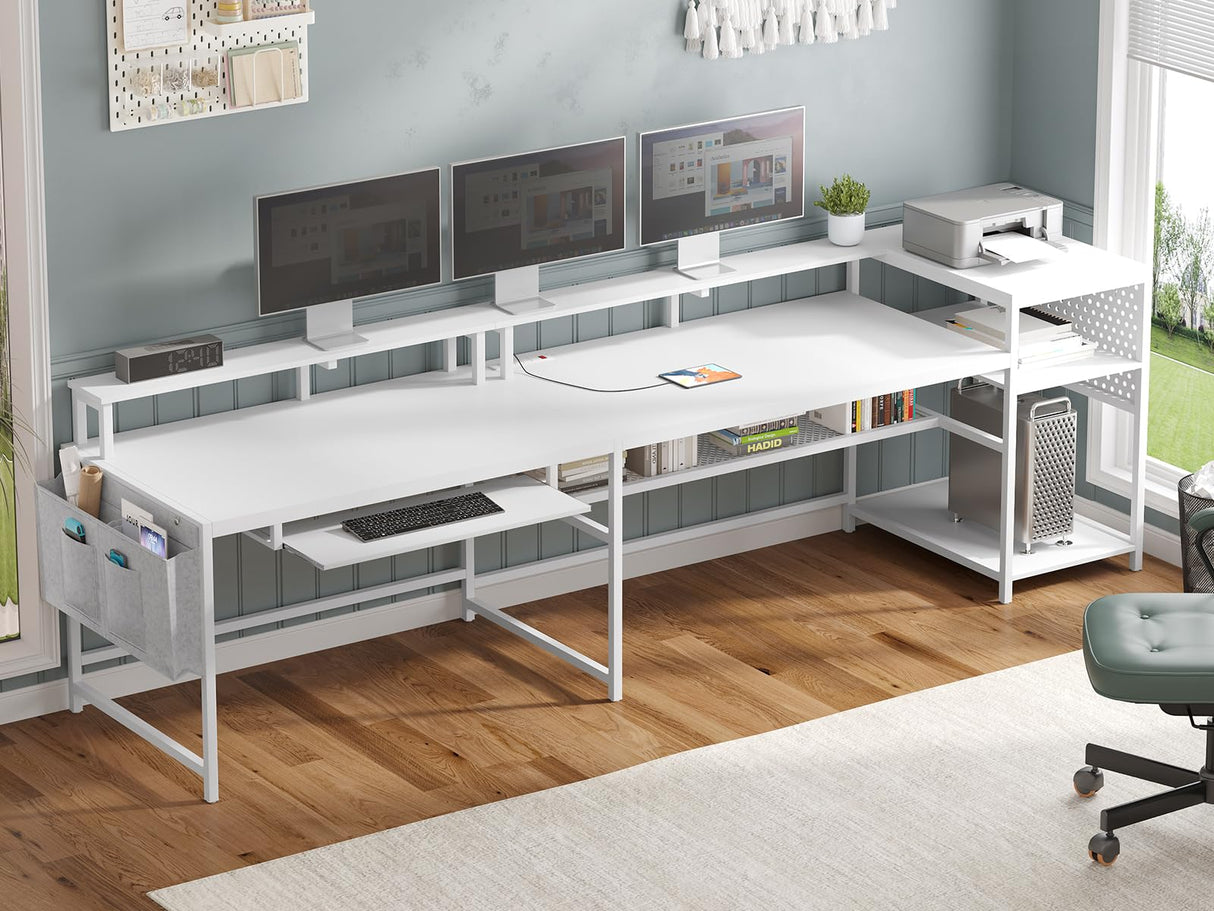 SEDETA Reversible L Shaped Gaming Desk with Power Outlets, LED Strip, Monitor Shelf, and Ample Storage in White SEDETA