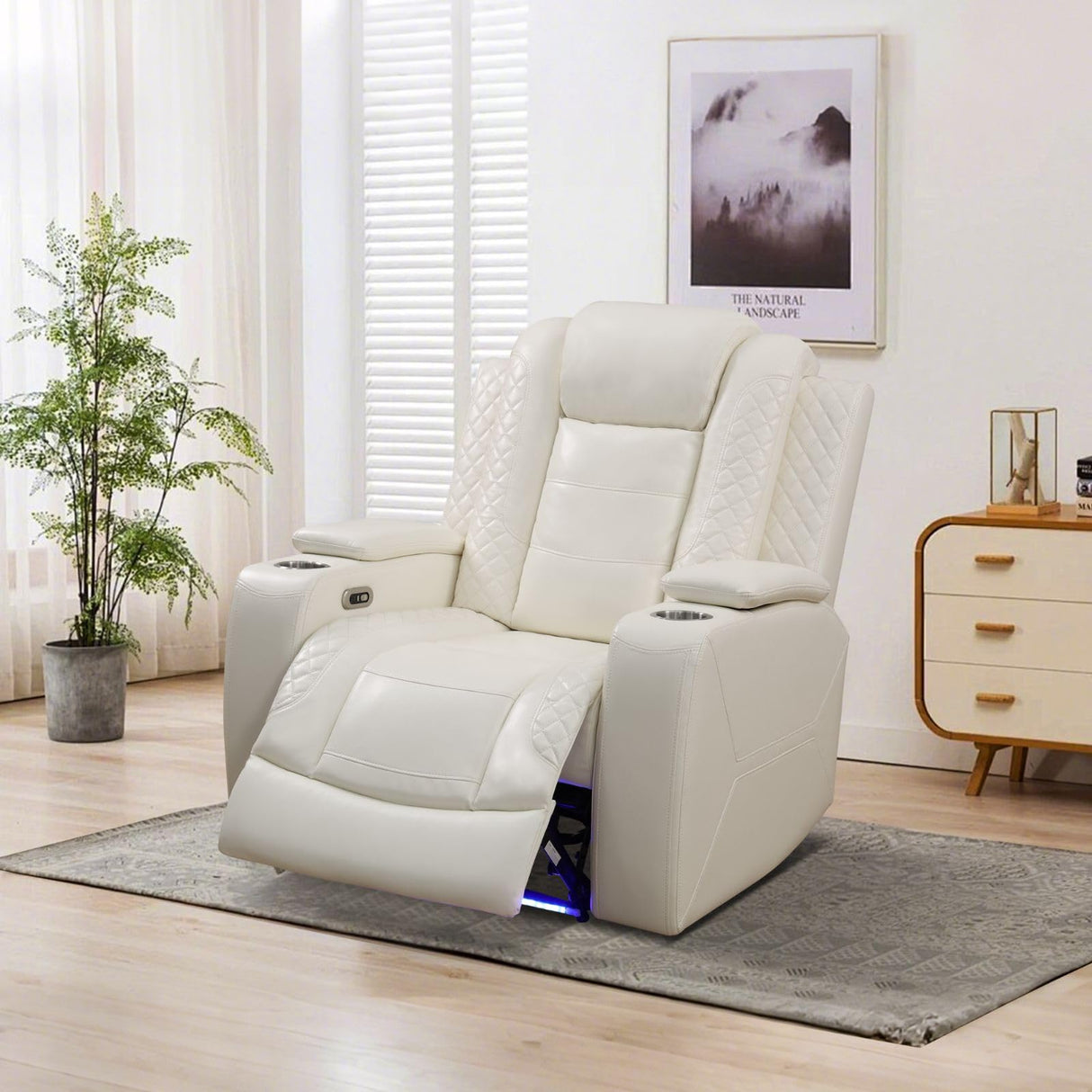 Plithzy Breathable Leather Power Recliner Sofa Set 3 Piece Living Room Furniture Electric Reclining Leather Couches with Cup Holders, LED Light, USB Port and Storage for Home Theater (Cream White) Plithzy