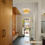 HILUXIA 16 Inch Modern Semi Flush Mount Ceiling Light Fixture, Double Rattan and Wicker Style Drum Shade, Gold Farmhouse Flush Ceiling Lamp for Bedroom, Living Room, Dining Room, Kitchen HILUXIA