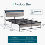 LINSY Full Bed Frame with Storage, Ergonomic Headboard, 14 inch Fast Assembly Metal Bed with Lights, Outlets & USB, Full Size, Noise Free, No Box Spring Needed, Greige LINSY