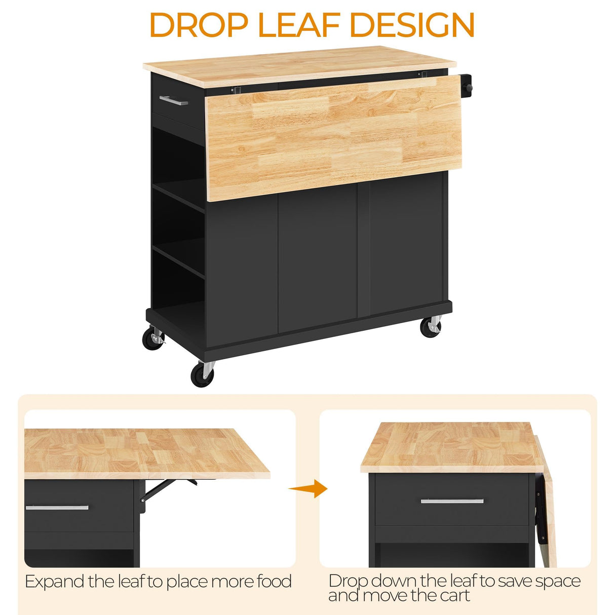 Yaheetech Rolling Kitchen Island Cart with Drop Leaf, Portable Rubberwood Breakfast Bar with Storage Cabinet, Open Shelves & Detachable Towel, 2 Drawers, Black Yaheetech