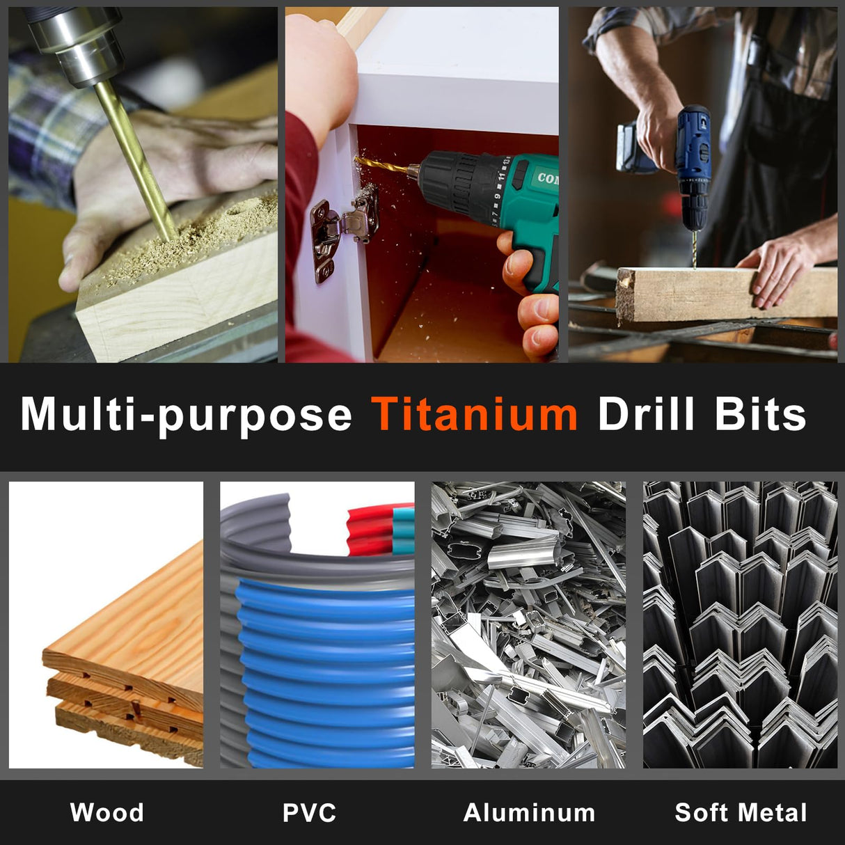 COMOWARE Titanium Twist Drill Bit Set - 16 Pcs Hex Shank High Speed Steel for Wood Plastic Aluminum Alloy, Quick Change, 1/16"-1/4" COMOWARE