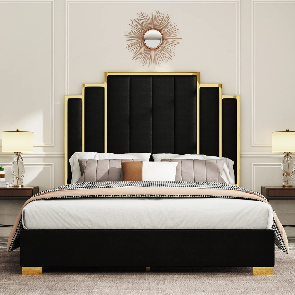 Albott Queen Size Platform Bed Frame, 61.4" Velvet Upholstered Bed with Gold Trim Headboard/Wooden Slats/No Box Spring Needed/Black Albott