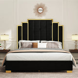 Albott Queen Size Platform Bed Frame, 61.4" Velvet Upholstered Bed with Gold Trim Headboard/Wooden Slats/No Box Spring Needed/Black Albott