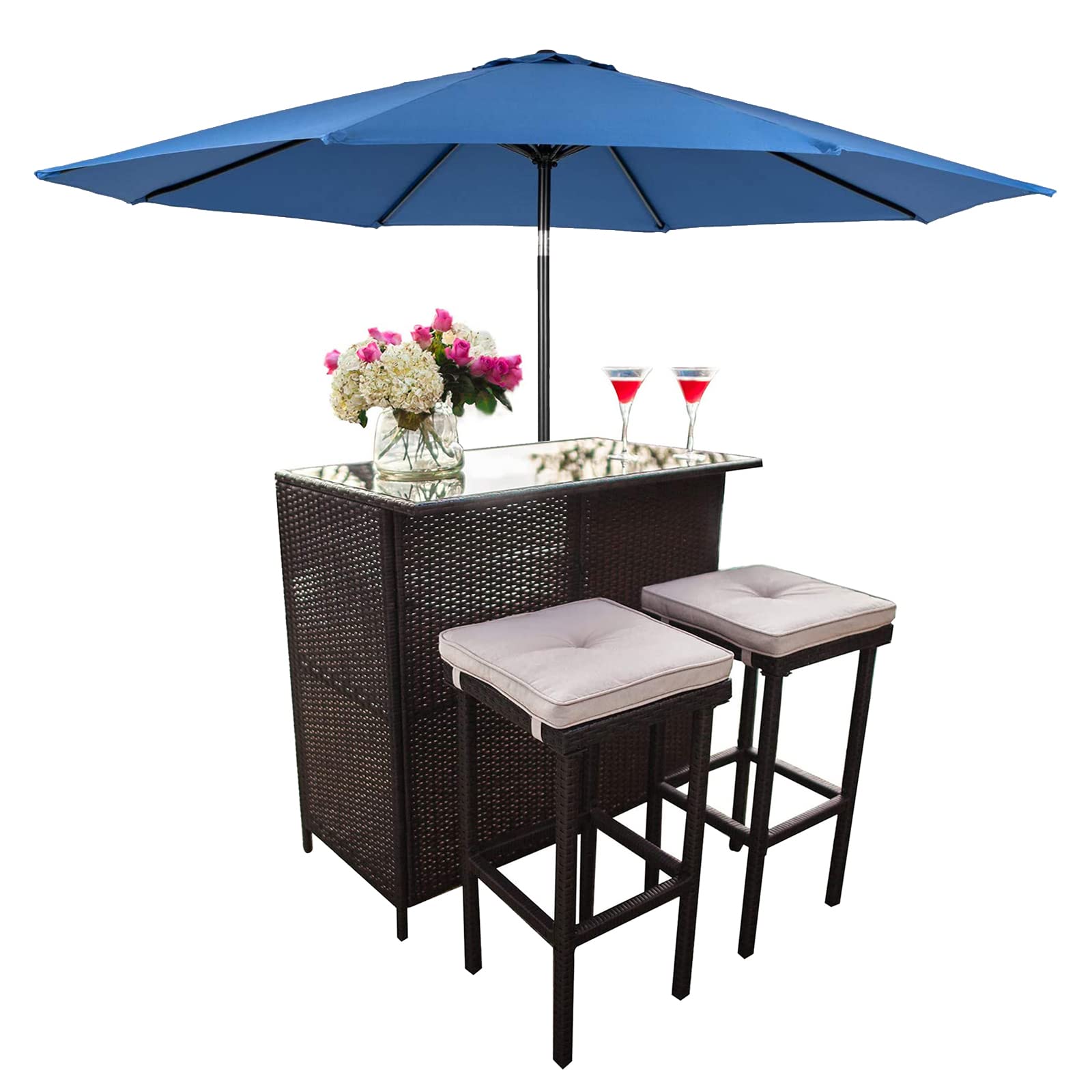 SUNCROWN Outdoor Bar Set 3-Piece Rattan Wicker Patio Furniture, Glass Bar and Two Stools with Cushions and 10 FT Patio Umbrella for Patios, Backyards, Porches, Gardens or Poolside, Drak Blue - WoodArtSupply