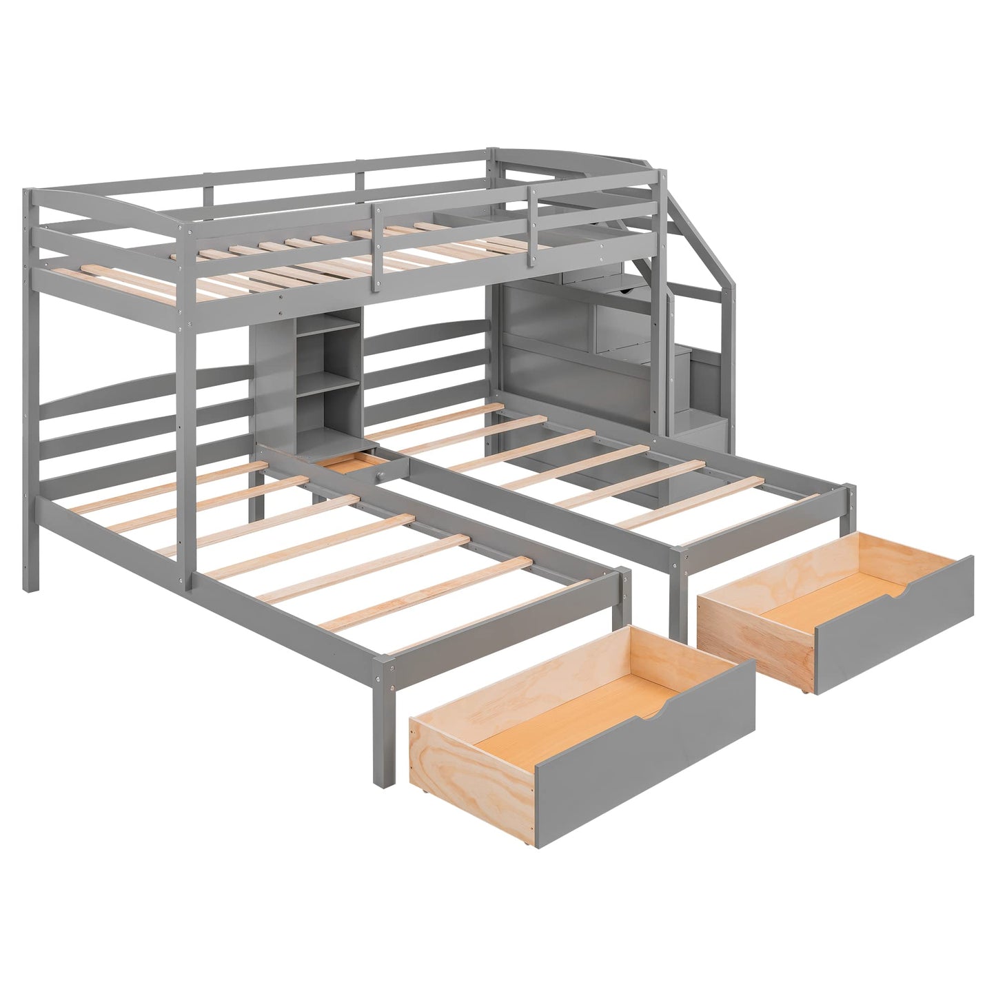 Harper & Bright Designs WoodenTriple Bunk Beds with Stairs & Storage Drawers,Twin Over Twin Bunk Bed for 3 Kids,3 Bunk Beds Frame with Built-in Shelves for Kids,Teens,Adults,No Box Spring Needed,Gray