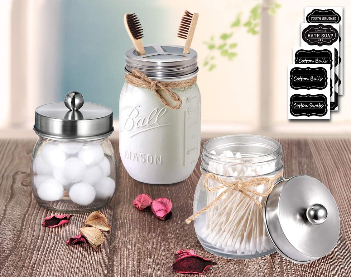 Komashr Mason Jar Bathroom Accessories Lids Set(4pcs) -Jars Not Included -Soap Dispenser,Toothbrush Holder,and Apothecary Jars Lids for Regular Mouth Mason Jars -Rustic Farmhouse Decor, Brushed Nickel Komashr