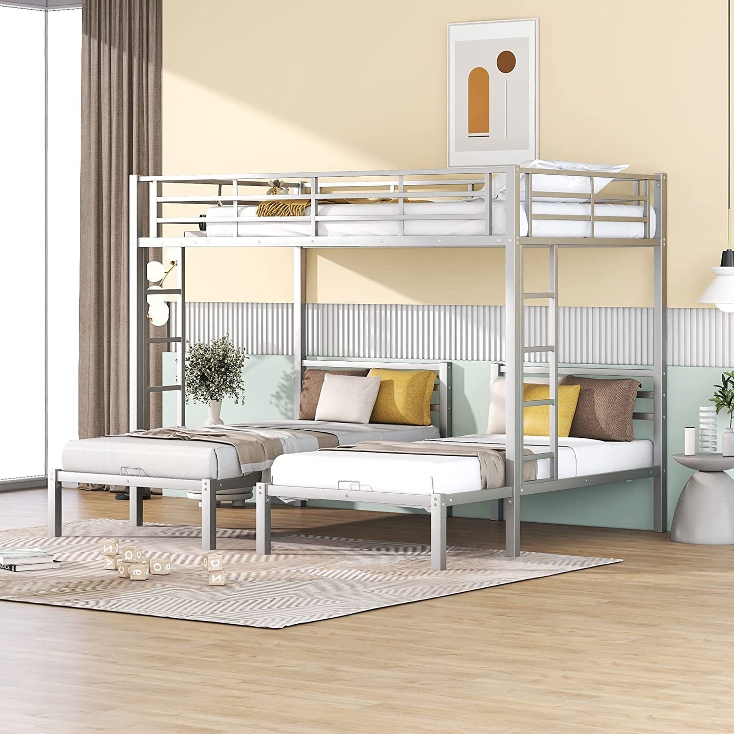 Harper & Bright Designs Metal Triple Bunk Beds Full Over Twin & Twin Bunk Bed with Upper Built-in Shelf, 3 Bed Bunk Beds with 2 Ladders for Kids, Teens, Adults, Silver