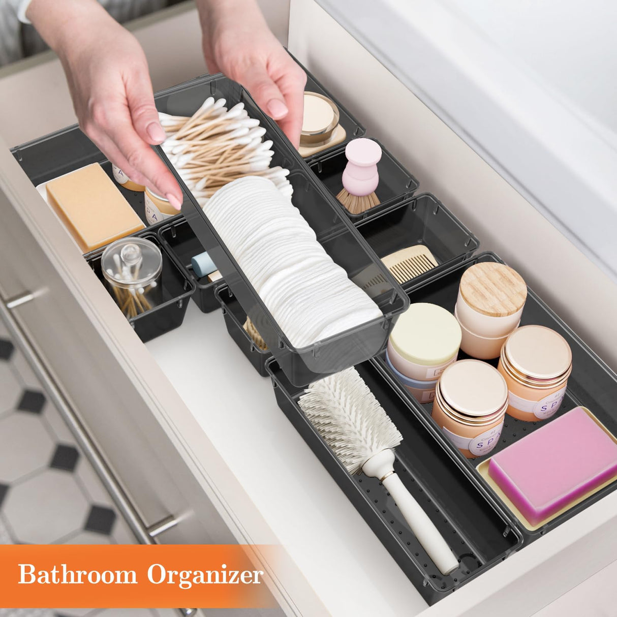 SpaceHacks 25 PCS Plastic Drawer Organizer Set, 4-Size Versatile Organizer Trays & storage Bins for Makeup, Jewelry, and Gadgets in Bathroom, Bedroom and Office,Clear Black SpaceHacks
