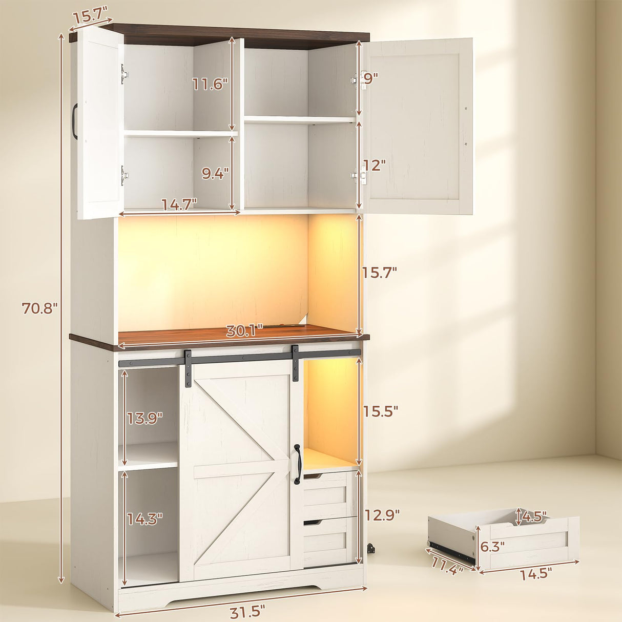 UPOSOJA Farmhouse Kitchen Pantry Storage Cabinet with Drawers & Shelves, Freestanding Hutch and Adjustable Shelves, Versatile Storage for Kitchen, Dining Room, Living Room (Old White) UPOSOJA